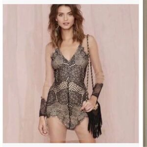 For Love & Lemons Black Lace Overlay Romper with Nude Lining